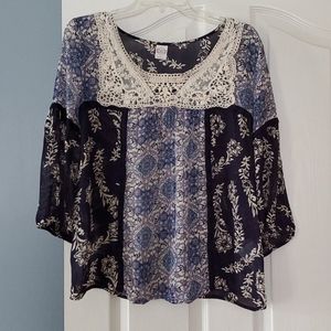 BILA NAVY BLUE & WHITE, THIN 3/4" SLEEVED BLOUSE
